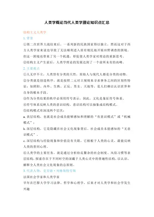 人类学概论当代人类学理论知识点汇总