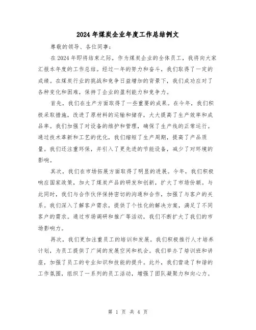 2024年煤炭企业年度工作总结例文（2篇）