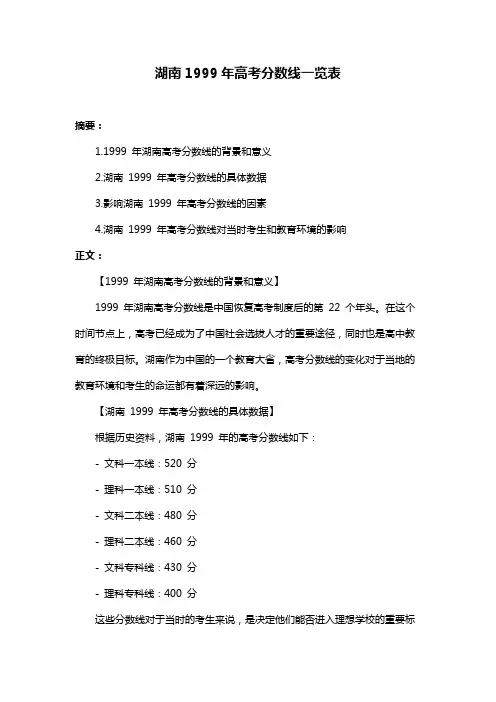 湖南1999年高考分数线一览表