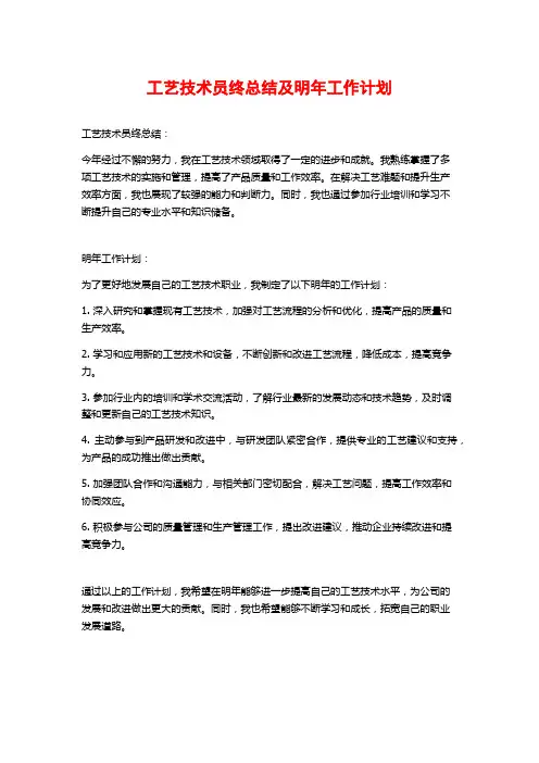 工艺技术员终总结及明年工作计划