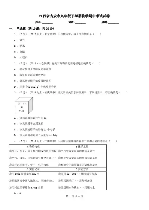 江西省吉安市九年级下学期化学期中考试试卷