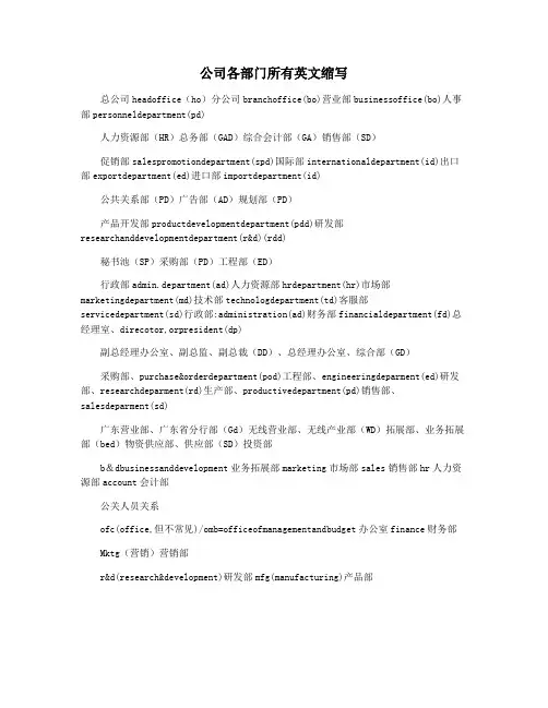 公司各部门所有英文缩写