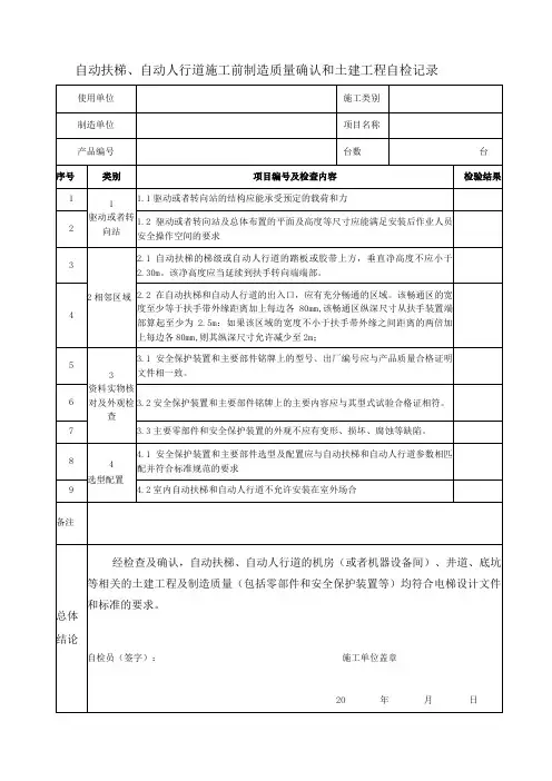 自动扶梯、自动人行道施工前制造质量确认和土建工程自检记录