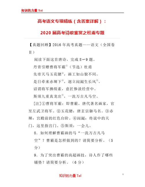 高考语文专项精练(含答案详解)：2020届高考诗歌鉴赏之杜甫专题