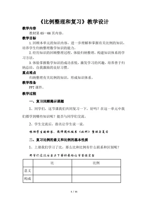小学数学_比例整理与复习(一)教学设计学情分析教材分析课后反思