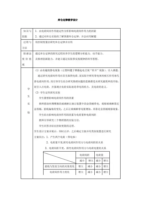 高中物理_库仑定律教学设计学情分析教材分析课后反思