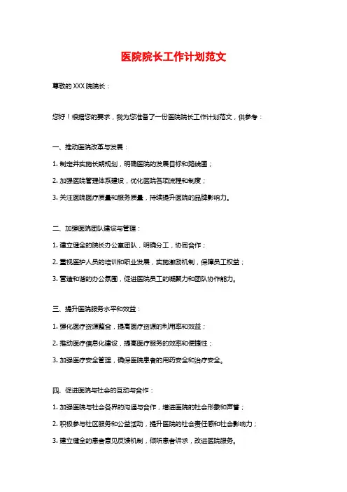 医院院长工作计划范文