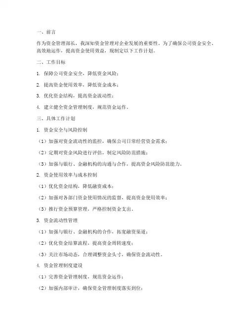 资金管理部长工作计划