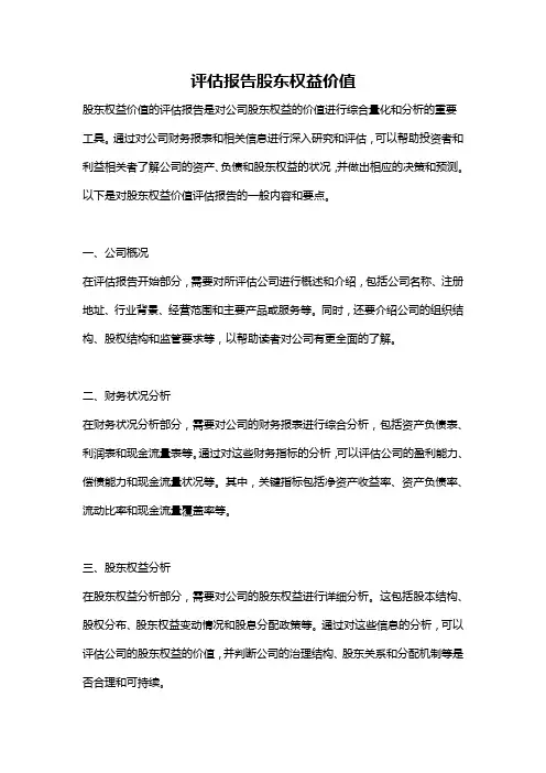 评估报告股东权益价值