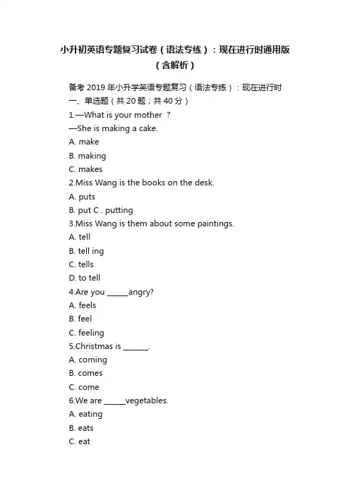 小升初英语专题复习试卷（语法专练）：现在进行时通用版（含解析）