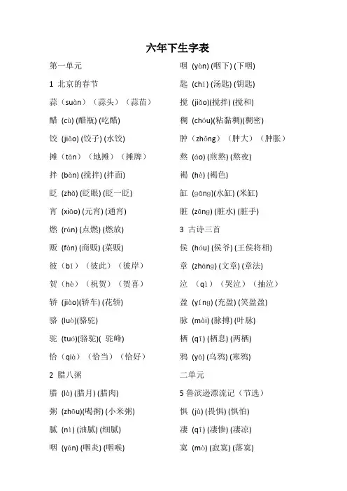 六年级下册生字生词表