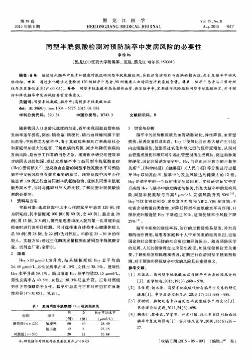 同型半胱氨酸检测对预防脑卒中发病风险的必要性