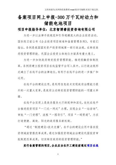 备案项目网上申报-300万千瓦时动力和储能电池项目(申报大纲)