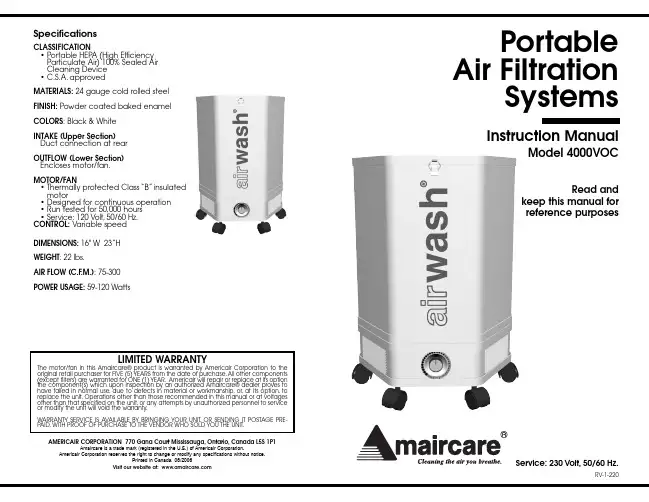 Amaircare 空气净化器商品说明书
