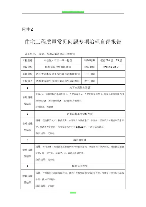 【一期一标段】住宅工程质量常见问题专项治理自评报告