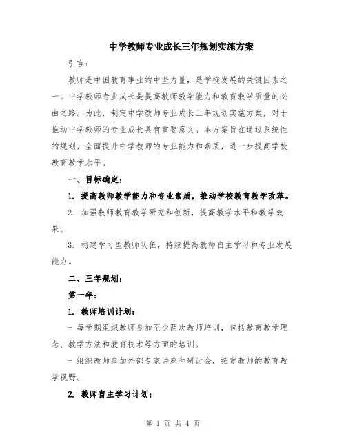 中学教师专业成长三年规划实施方案