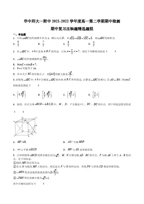 湖北省华中师范大学第一附属中学2021-2022学年高一下学期数学期中复习压轴题选编