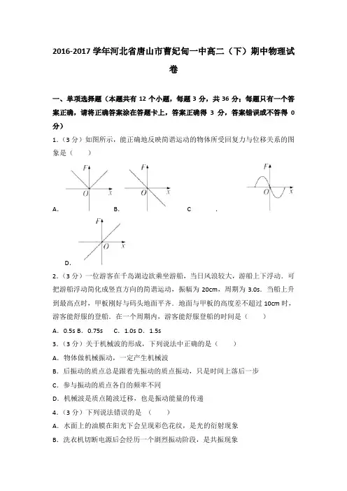2016-2017学年河北省唐山市曹妃甸一中高二(下)期中物理试卷