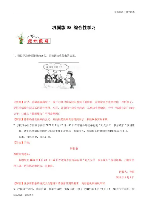 巩固练习05 综合性学习-2020年暑假作业教材七年级语文(部编解析版)