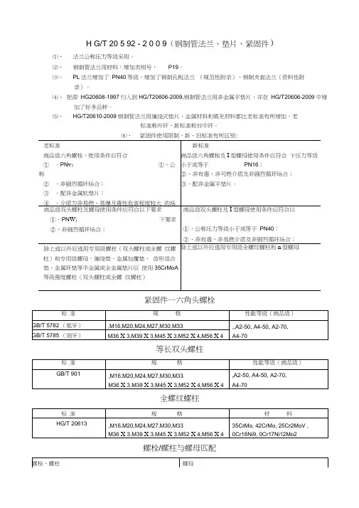 HGT20592-2009《钢制管法兰、垫片、紧固件》新旧标准对比