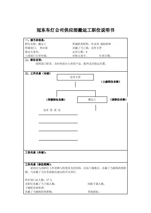 冠东车灯公司供应部搬运工职位说明书