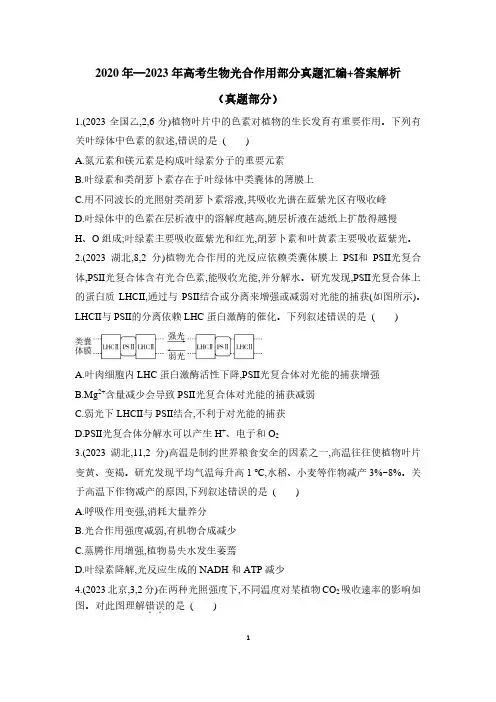 2020年—2023年高考生物光合作用部分真题汇编+答案解析