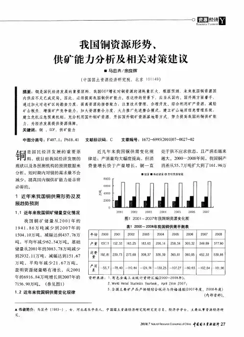 我国铜资源形势、供矿能力分析及相关对策建议