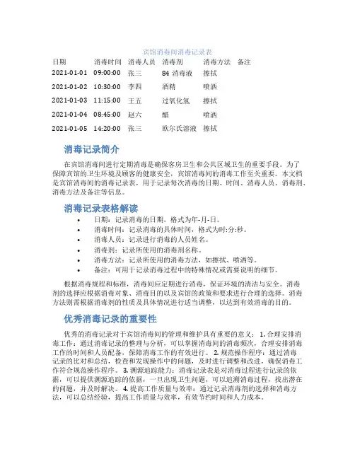 宾馆消毒间消毒记录表