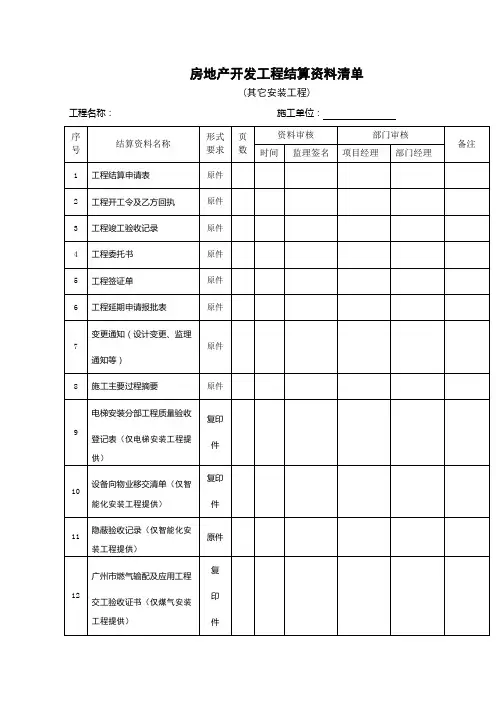 房地产开发工程结算资料清单
