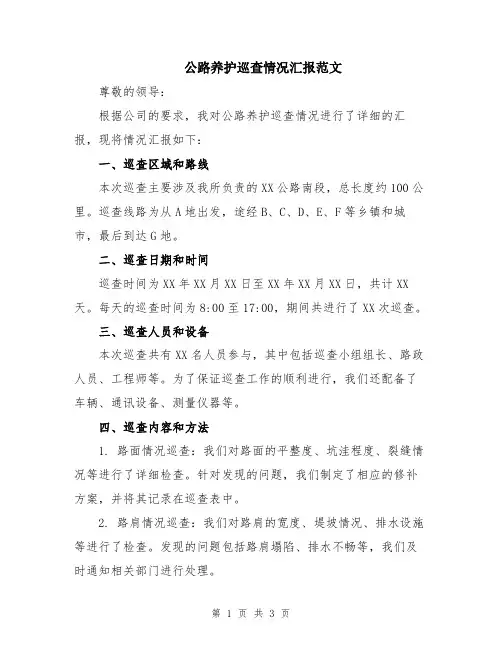 公路养护巡查情况汇报范文