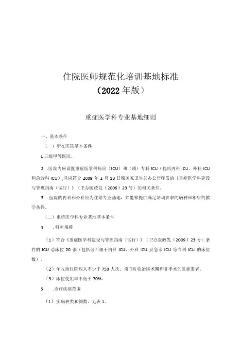 住院医师规范化培训基地标准(2022年版)--重症医学科专业基地细则与入轮转科室教育指南