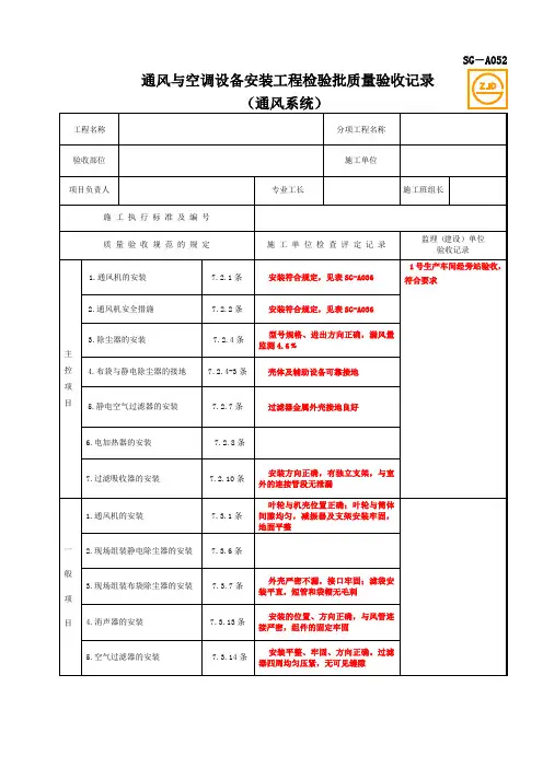 SG-A052通风与空调设备安装工程检验批质量验收记录(通风系统)