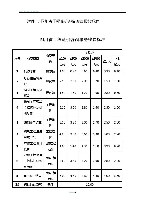 四川省工程造价咨询收费服务标准