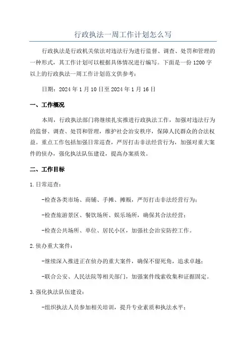 行政执法一周工作计划怎么写