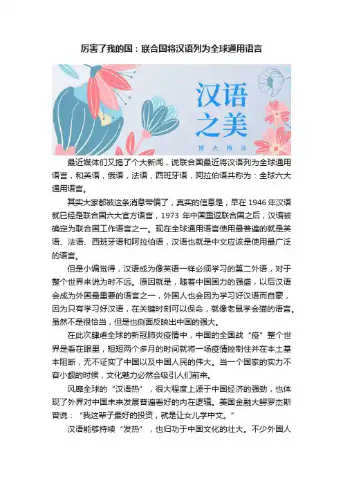 厉害了我的国：联合国将汉语列为全球通用语言