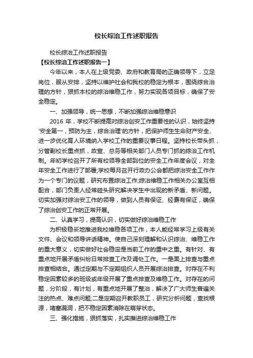 校长综治工作述职报告