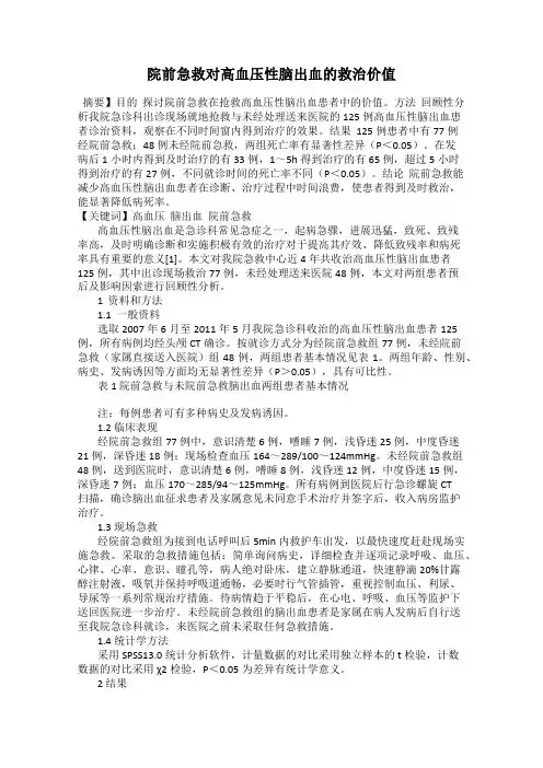 院前急救对高血压性脑出血的救治价值