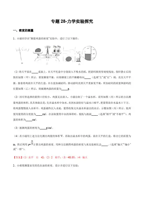 2020浙版中考科学(物理)专题28-力学实验探究
