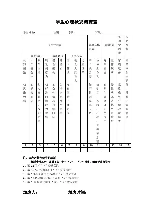 学生心理状况调查表