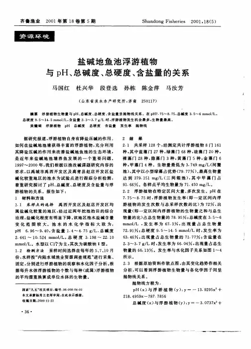 浮游植物生物量与pH、总碱度、总硬度、含盐量