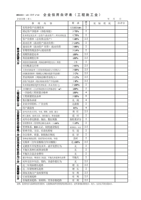 企业信用自评表(工程施工业)