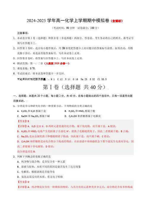 2024-2025学年高一上学期期中模拟考试化学试题(北京专用)含解析