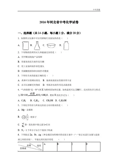 中考2016年河北省中考化学试卷(word版,含解析)