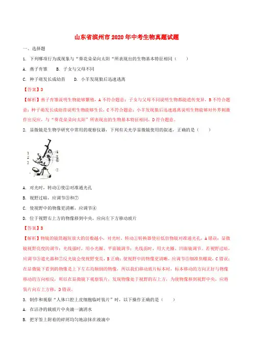 山东省滨州市2020年中考生物真题试题(含解析1)
