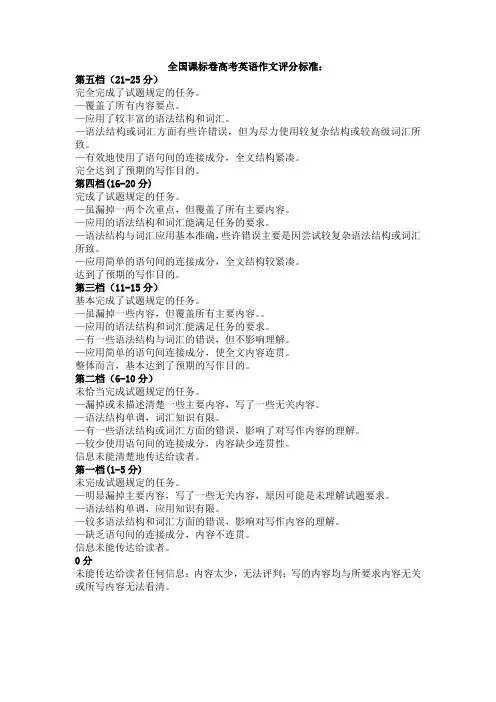 全国课标卷高考英语作文评分标准