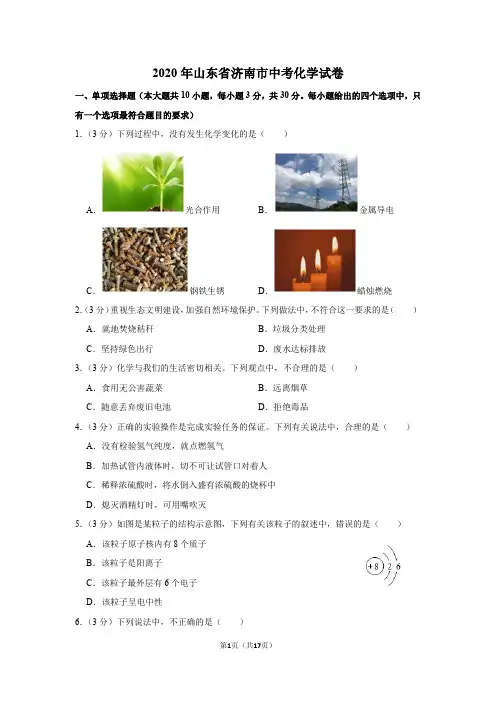 2020年山东省济南市中考化学试卷(带答案、解析)