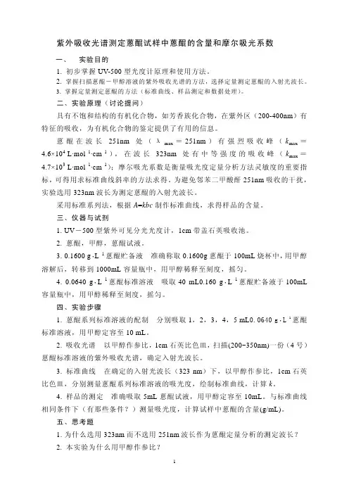 紫外吸收光谱测定蒽醌试样中蒽醌的含量和摩尔吸光系数