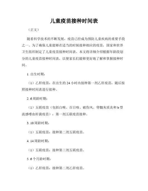 儿童疫苗接种时间表