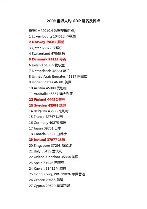 2009世界人均GDP排名及评点