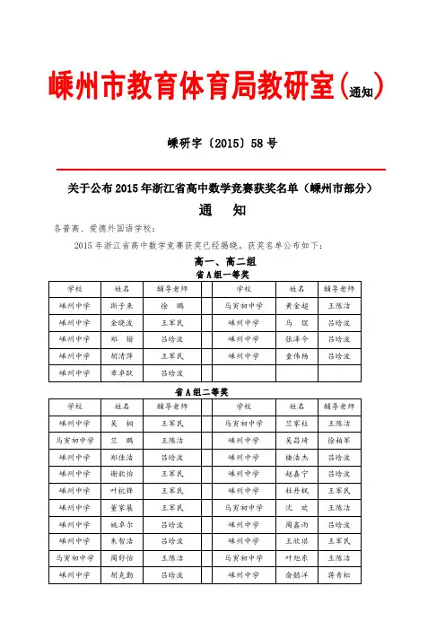关于公布2015年浙江省高中数学竞赛获奖名单(嵊州市部分)通知